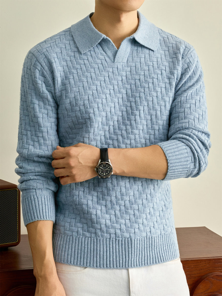 Autumn Winter Knit 3D Solid Color Lapel Polo Sweater, Basic Knit Pullover Top for Men, Fashionable Long Sleeve Sweater, Size S - Light Blue