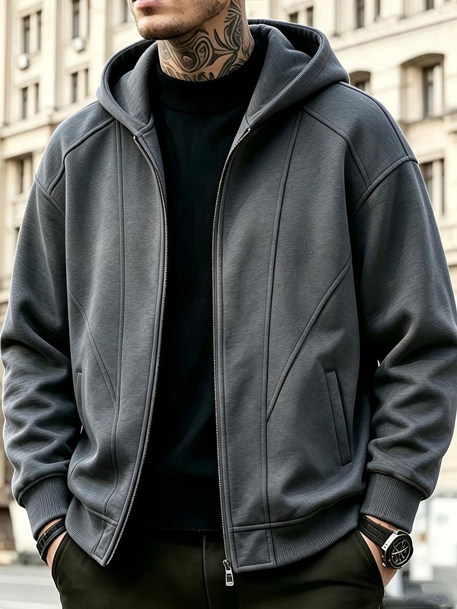 Men's Full-Zip Hoodie, Geometric Patchwork Loose Fit Long Sleeve Hooded Sweatshirt, Casual Streetwear Outerwear with Side Pockets, Thick and Soft Fabric Jacket, Suitable for Daily Walks, Gym, Sports, Outings, and Urban Streetwear - Dark Gray