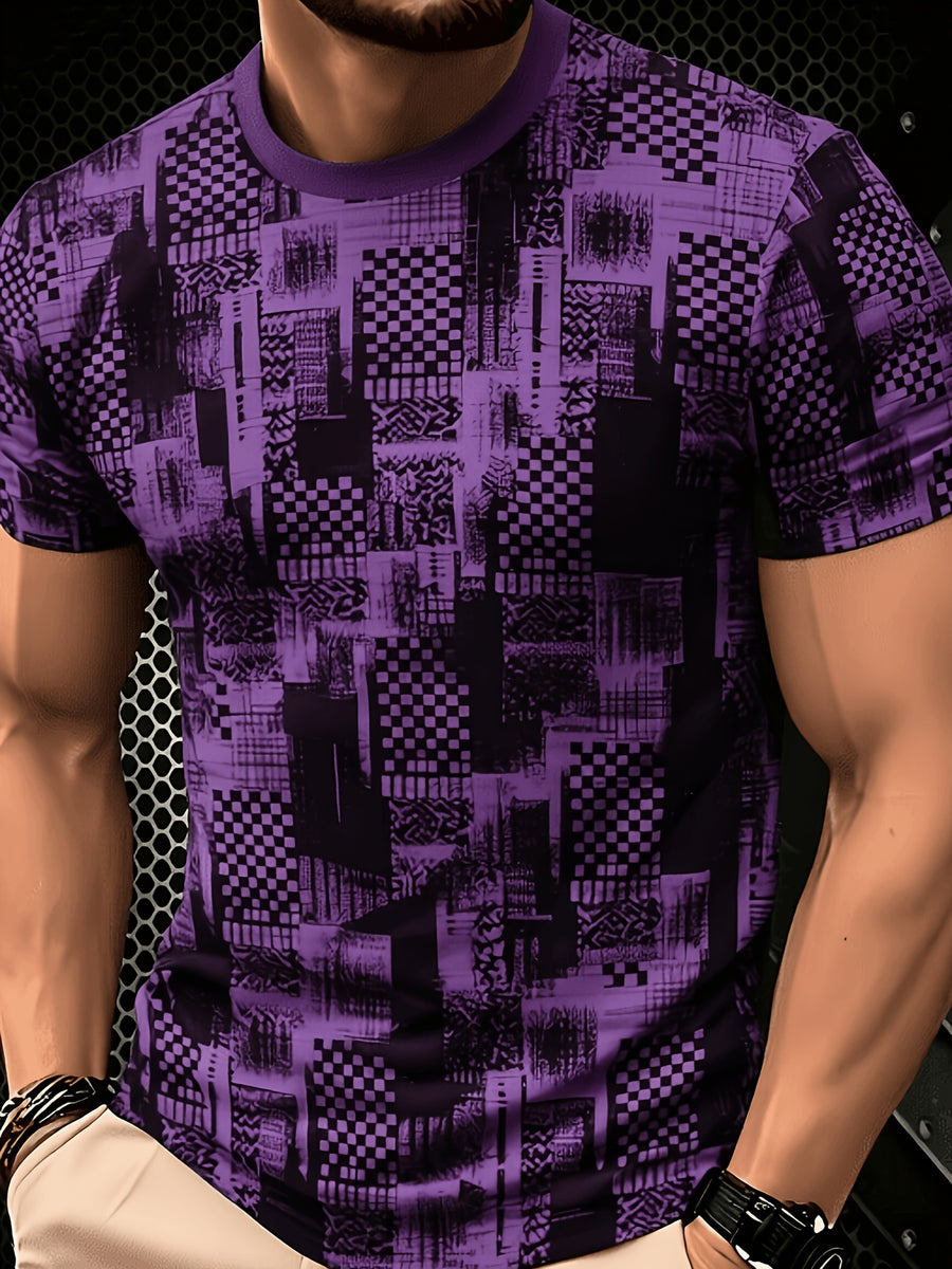 2026 Men'S All-Match Breathable Comfortable New Casual Top, Black Gray Blue Plaid Patchwork Print T-Shirt, Men'S Round Neck Short Sleeve Business Casual Top, Low-Key Premium, Plaid Patchwork, Abstract Lines, Dark Tone Texture, Daily Casual Wear - Style 11