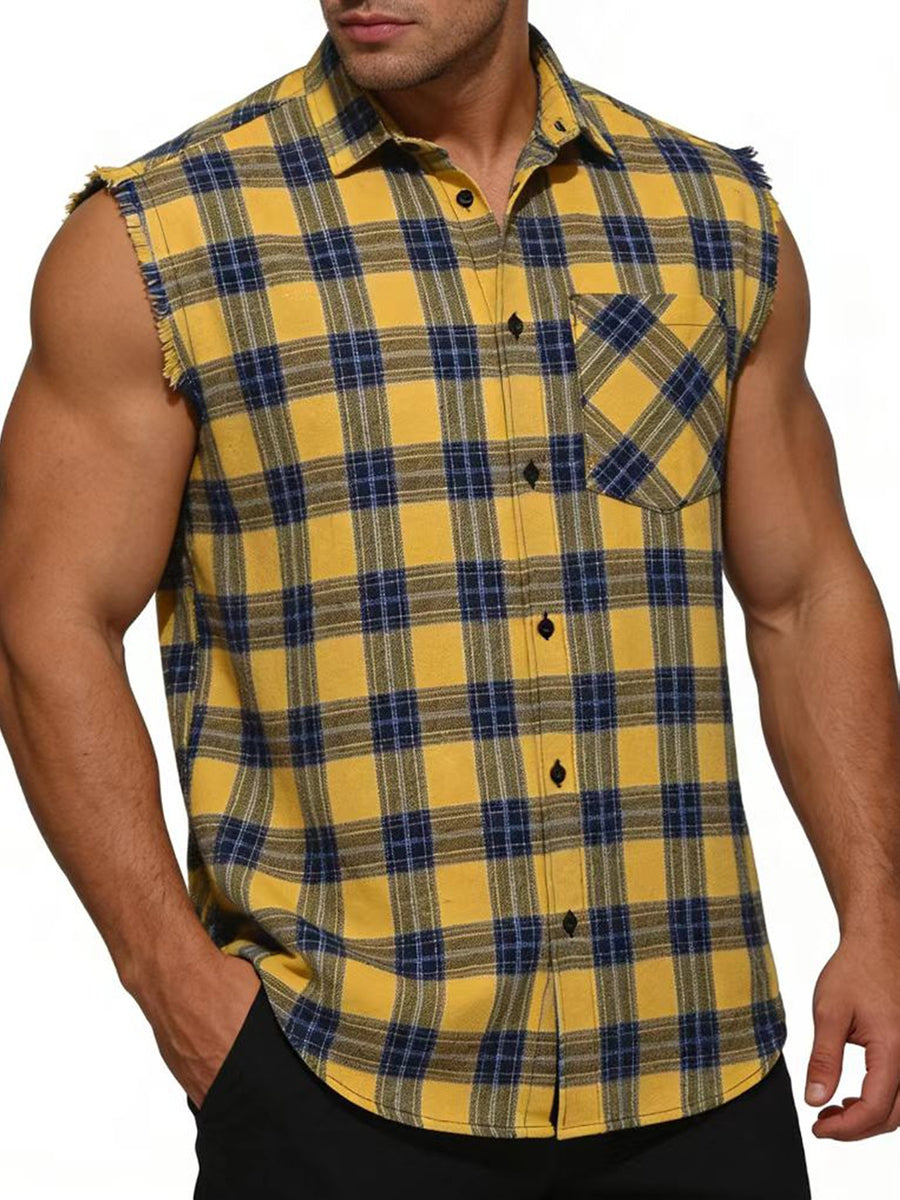 Men'S Summer Casual Shirt, Sleeveless Yellow And Blue Checkered Top - Lemon Yellow