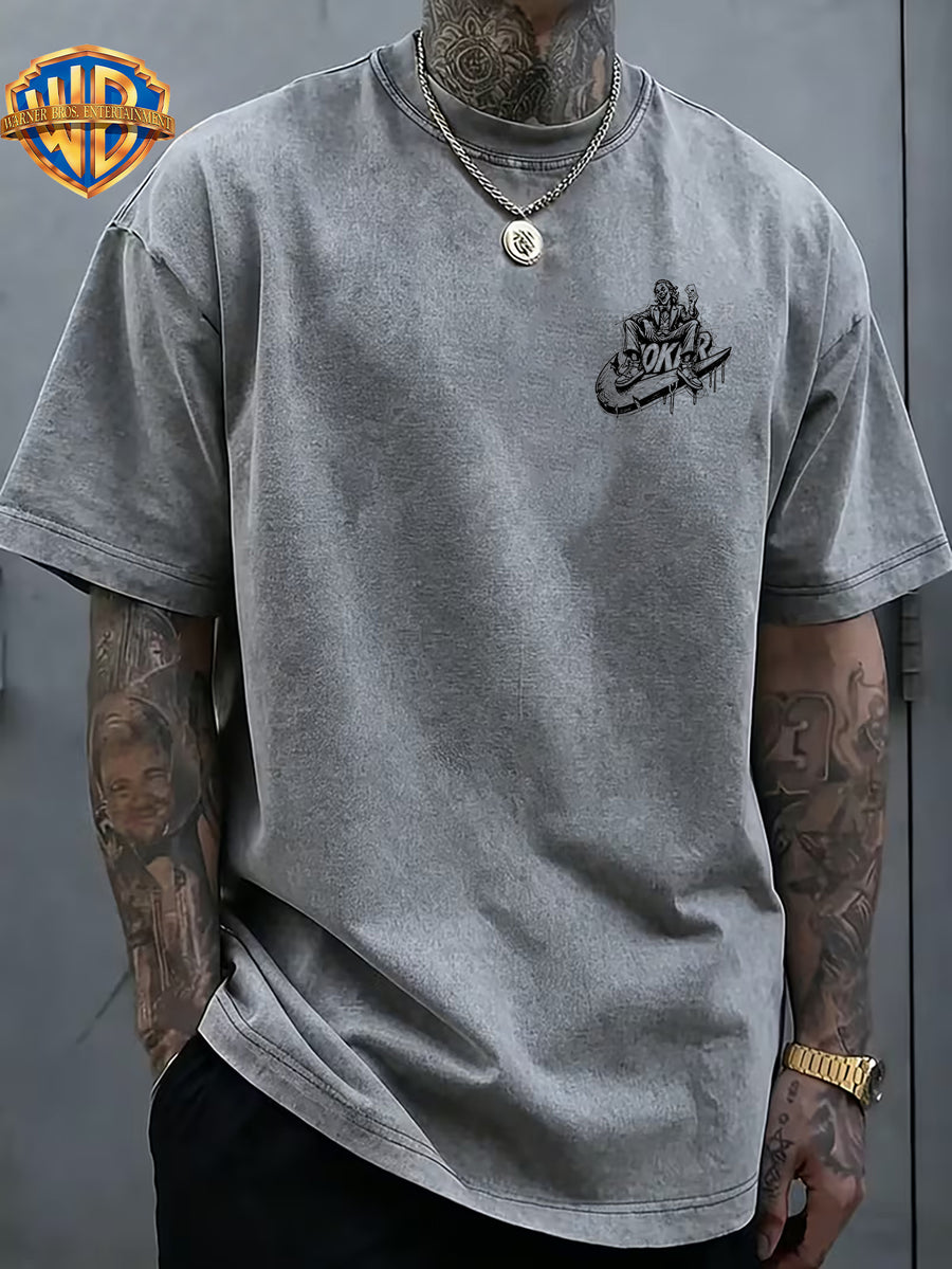 Warner Bros Official JOKER Ink Splatter Print Washed T-Shirt, Men's 100% Pure Cotton Fabric, Casual and Comfortable Style, Loose Fit Breathable Short Sleeve Men's Casual Top, Distressed Washed Loose Fit - Grey