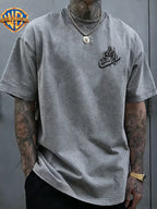 Warner Bros Official JOKER Ink Splatter Print Washed T-Shirt, Men's 100% Pure Cotton Fabric, Casual and Comfortable Style, Loose Fit Breathable Short Sleeve Men's Casual Top, Distressed Washed Loose Fit - Grey