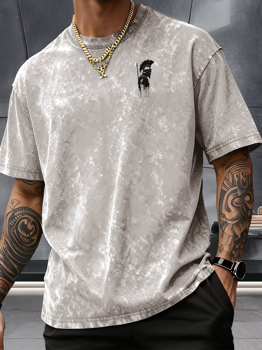 Short Sleeve T-Shirt, 100% Washed Distressed Loose Fit, Front And Back Double Print of Dark Ink Warriors, Casual Street Y2K Hip-Hop Style Couple'S Daily Commute Fitness Outing Statement Top - Apricot
