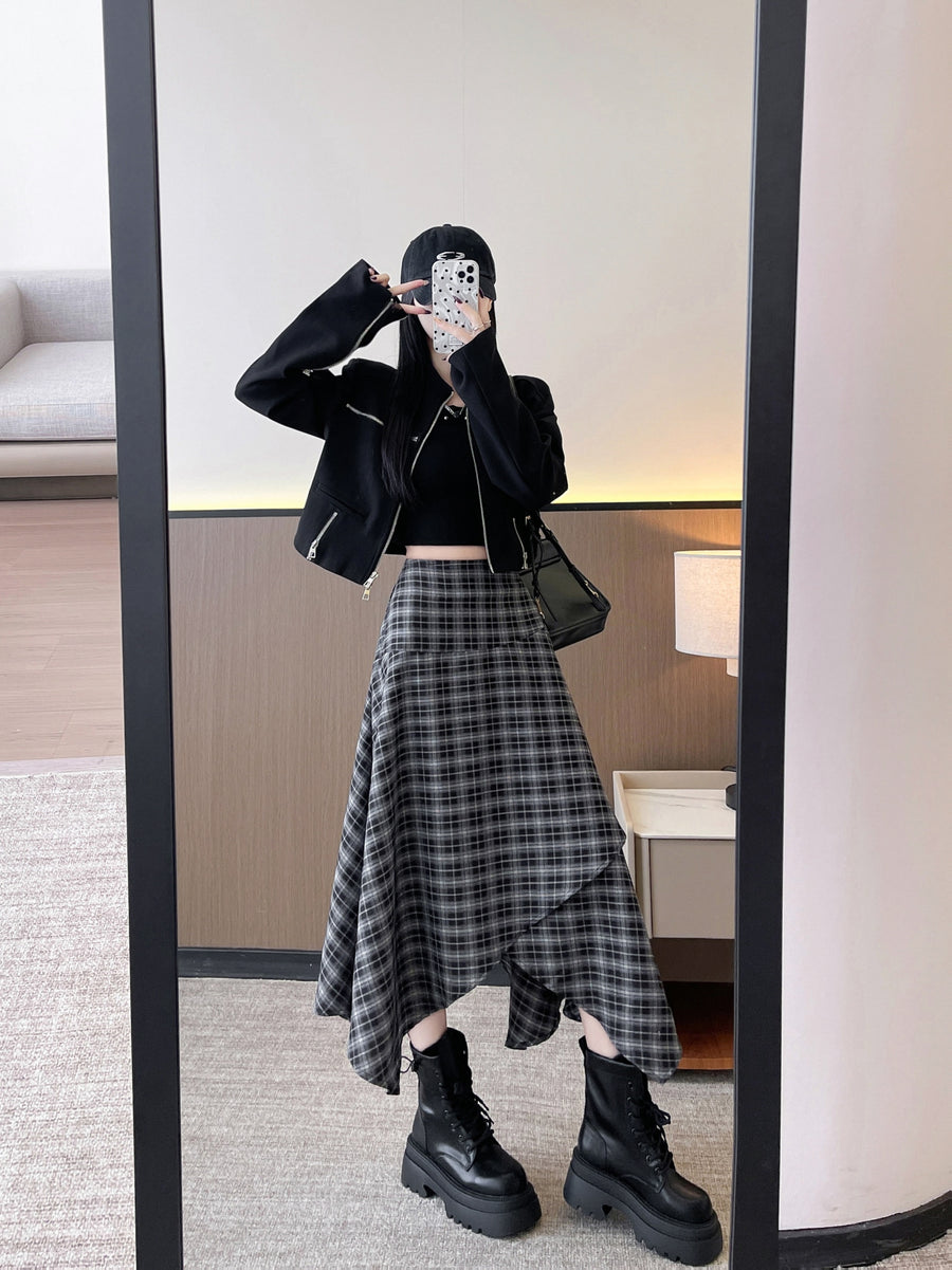 1pc, New Elegant, Irregular Plaid Midi Skirt, Suitable for Spring, Autumn And Summer, High Waist, Zipper Style A-Line Skirt - Black