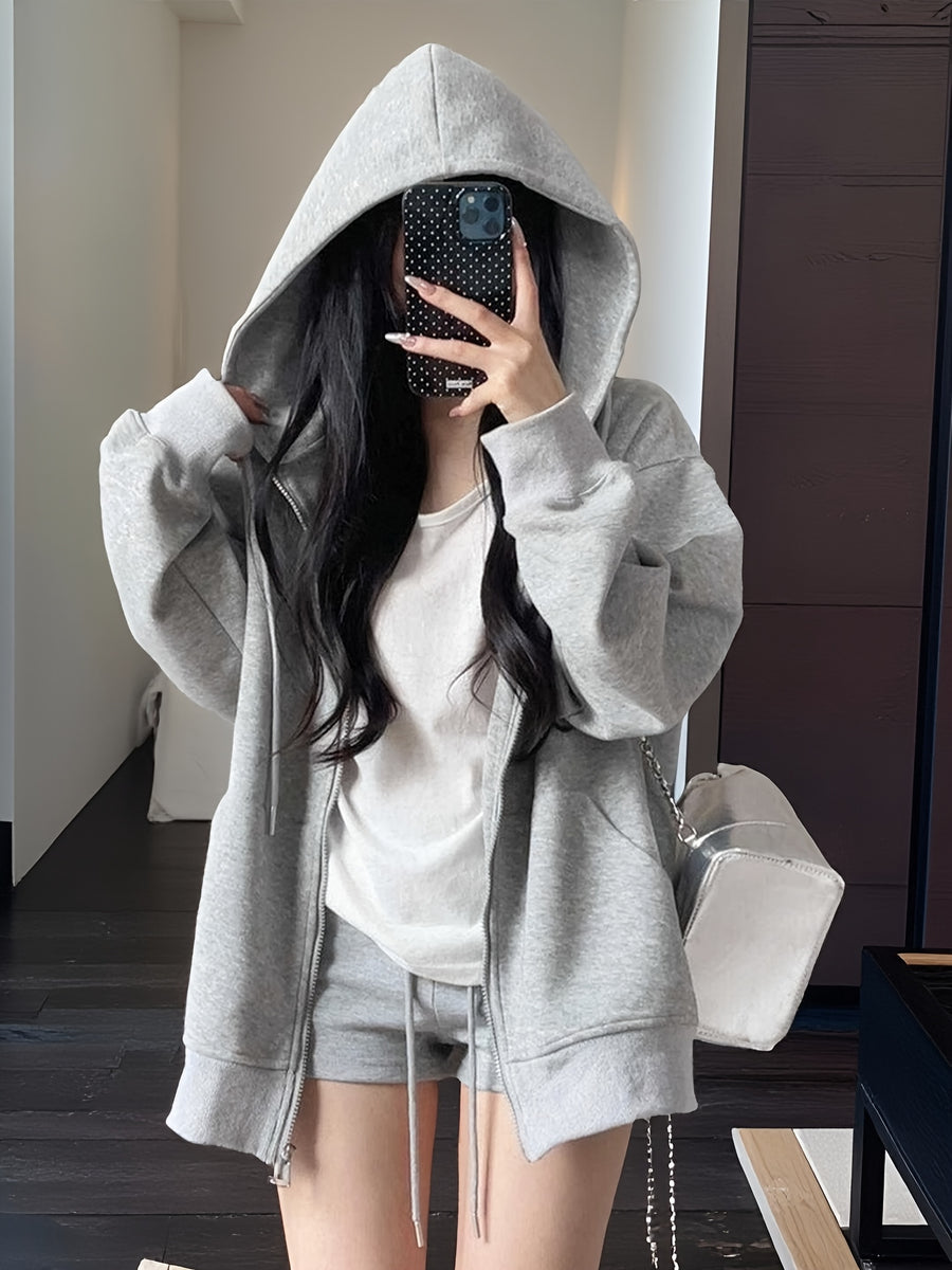 Women'S 2026 Autumn Winter New Hooded Jacket Small Size Thin Lazy Style Loose Cardigan Top - White and Grey