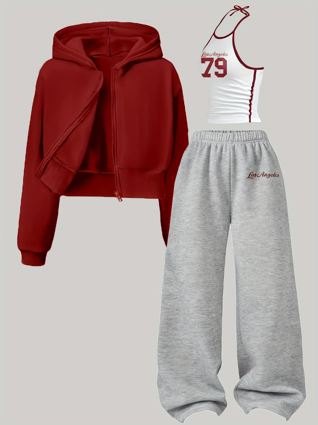Women's 3pcs Set: Jacket, Number + Letter Print Vest, Wide-Leg Pants Set | Casual Loose Autumn/Winter Outfit | Complete Autumn/Winter Outfit | Color-Block Vest Hooded Jacket and Pants Set | Suitable for Daily Wear, Commuting, - Wine red/grey/white