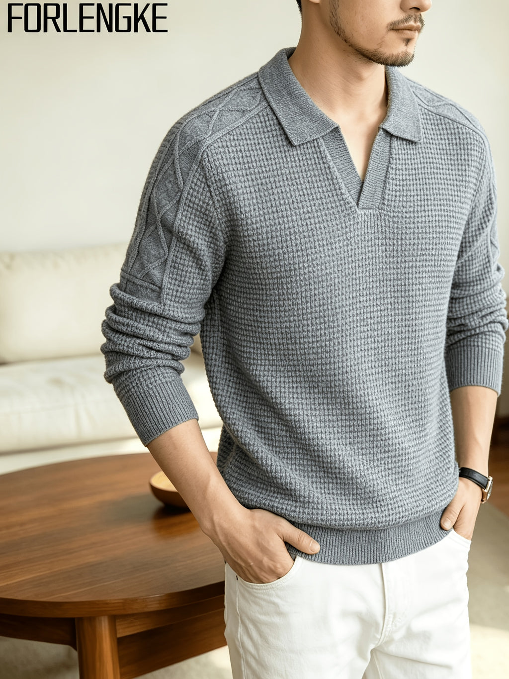 FORLENGKE Men'S Business Casual Lapel V-Neck Knit Sweater, Soft Warm Textured Long Sleeve Pullover Tops for Autumn Winter Office Daily Wear - Grey