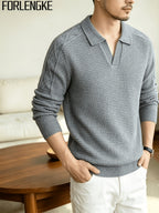 FORLENGKE Men'S Business Casual Lapel V-Neck Knit Sweater, Soft Warm Textured Long Sleeve Pullover Tops for Autumn Winter Office Daily Wear - Grey
