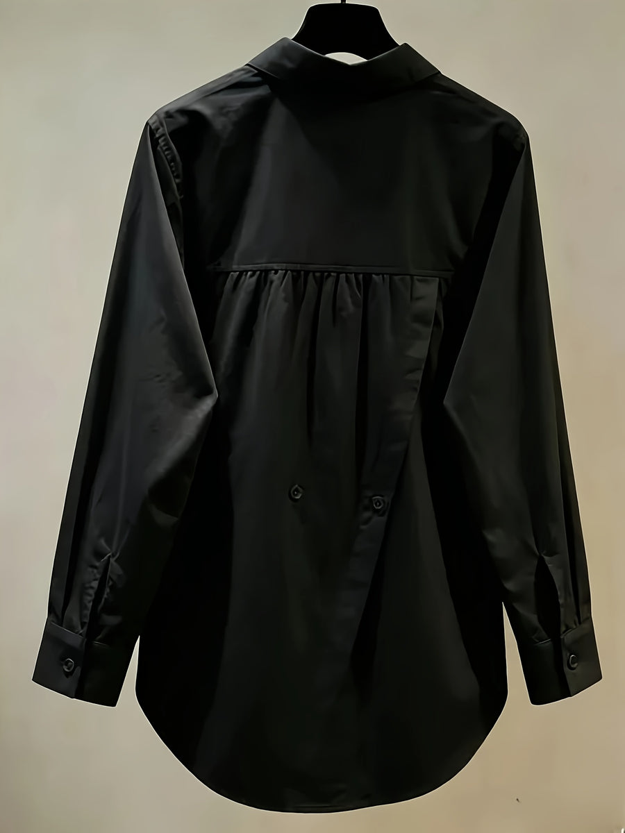 Elegant Women's Long-sleeve Shirt, Solid-color Fabric, Front Button Placket Design, with Slit, Suitable for Office and Daily Wear, Pink for Spring and Autumn - Black