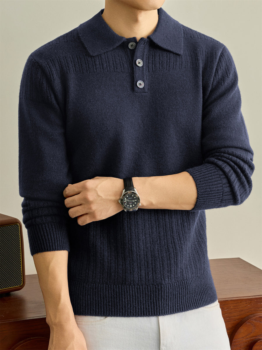 Autumn Winter Knit 3D Solid Color Lapel Polo Sweater, Basic Knit Pullover Top for Men, Fashionable Long Sleeve Sweater, Size S - Navy Color
