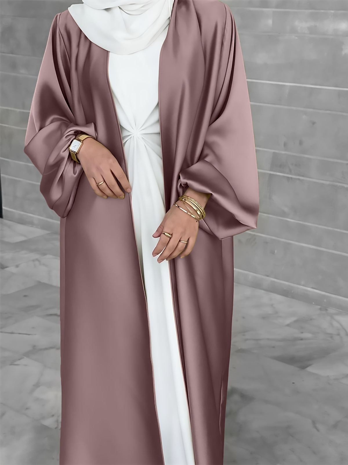 Cross-Border Muslim Women's Satin Bubble Sleeve Robe, Elegant Dubai Middle East Cardigan - Camel
