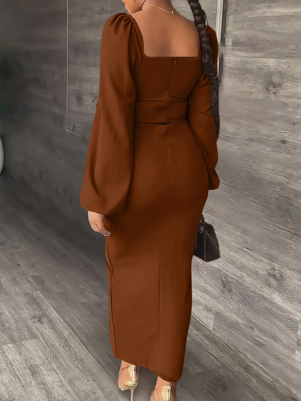 New European and American Style Fashion Slimming Split Long Sleeve Dress Trend - Rust