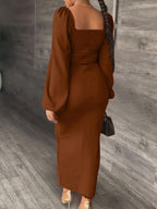New European and American Style Fashion Slimming Split Long Sleeve Dress Trend - Rust