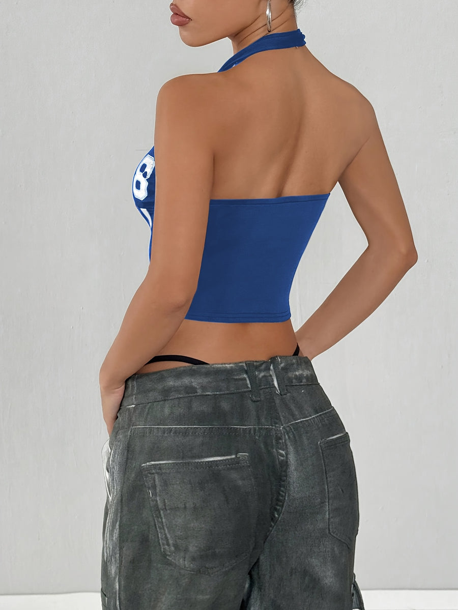 Women's Streetwear Color Block No. 98 Letter Print V-Neck Halter Neck Tank Top - Blue