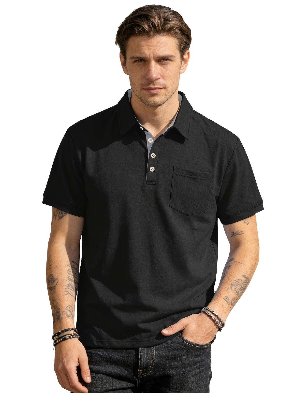 2pcs Set Men's Casual Solid Color Lapel Short-sleeve Polo Shirt with Casual Utility Pocket Design, Suitable for Business Casual Wear - Black + Red
