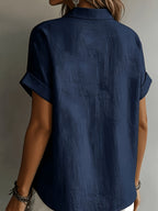 Women's Elegant Vacation-style Short-sleeve Top, Loose and Relaxed Shirt, Commuting Casual Literary Style, Figure-flattering, Daily Temperament Style, Loose and Draping, Breathable and Comfortable - Navy Color