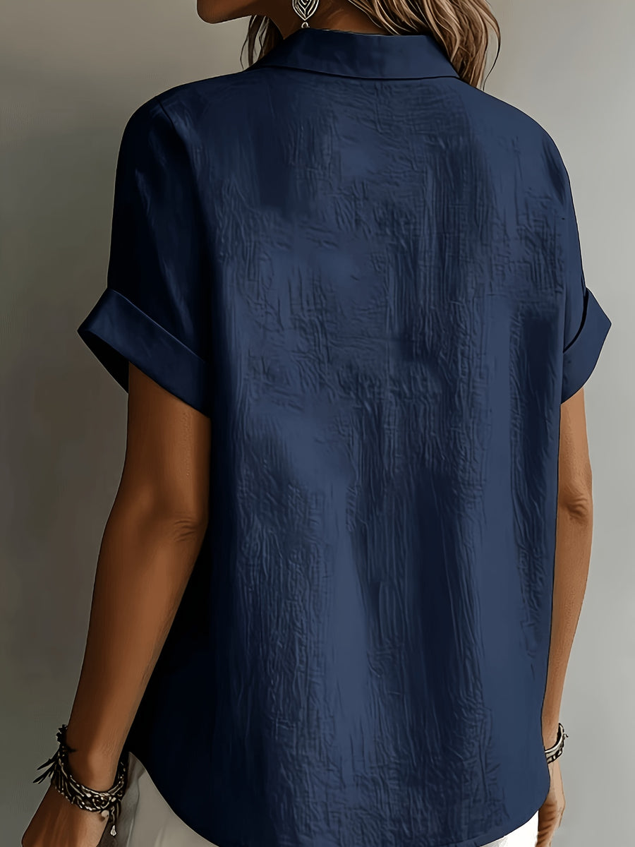 Women's Elegant Vacation-style Short-sleeve Top, Loose and Relaxed Shirt, Commuting Casual Literary Style, Figure-flattering, Daily Temperament Style, Loose and Draping, Breathable and Comfortable - Navy Color