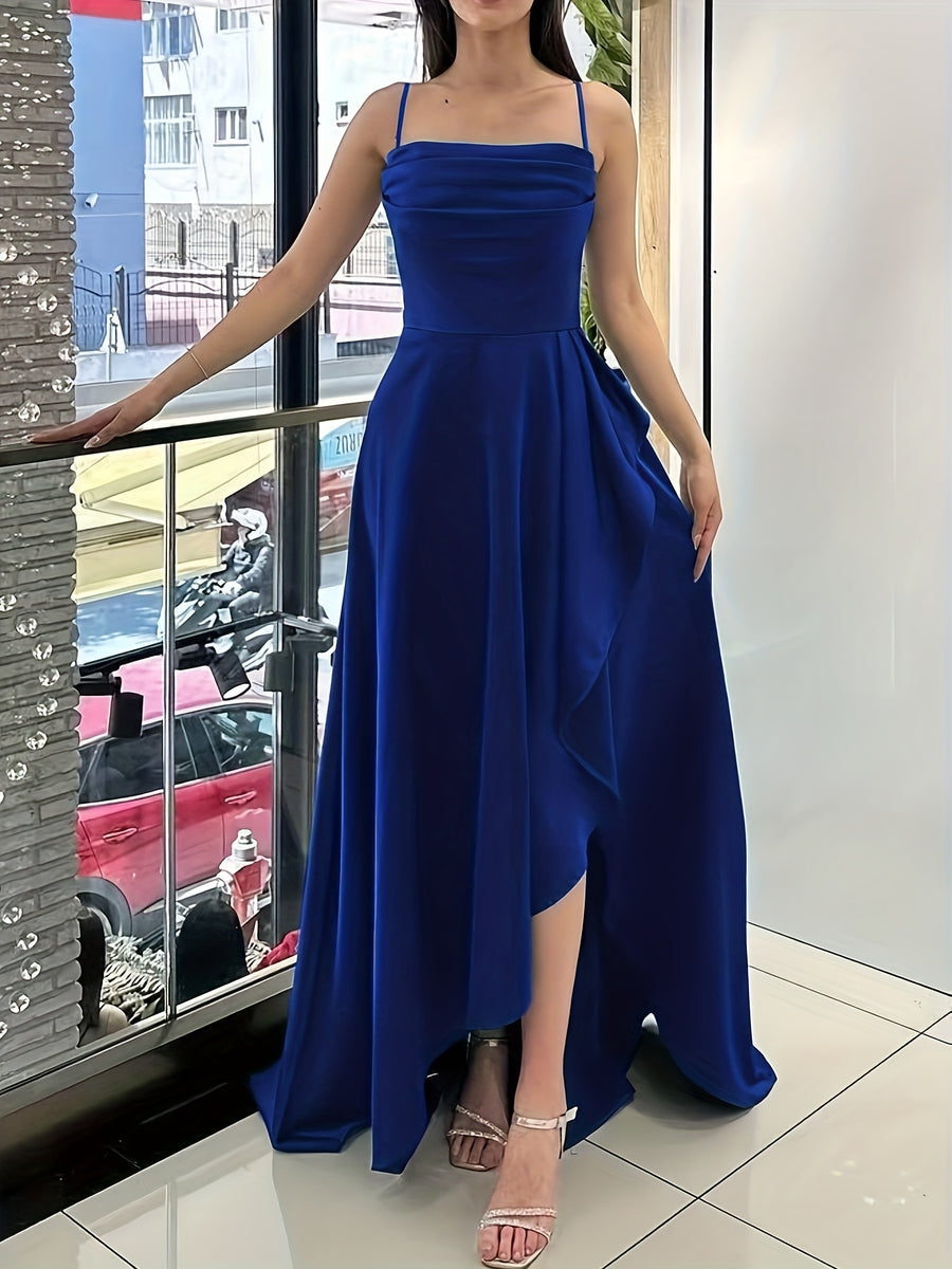 Elegant Women's Green Satin Spaghetti Strap Wrap Neckline Ruffle Hem Back Tie Slit Dress for Banquets, Parties, Weddings, and Bridesmaid Attire - Royal Blue