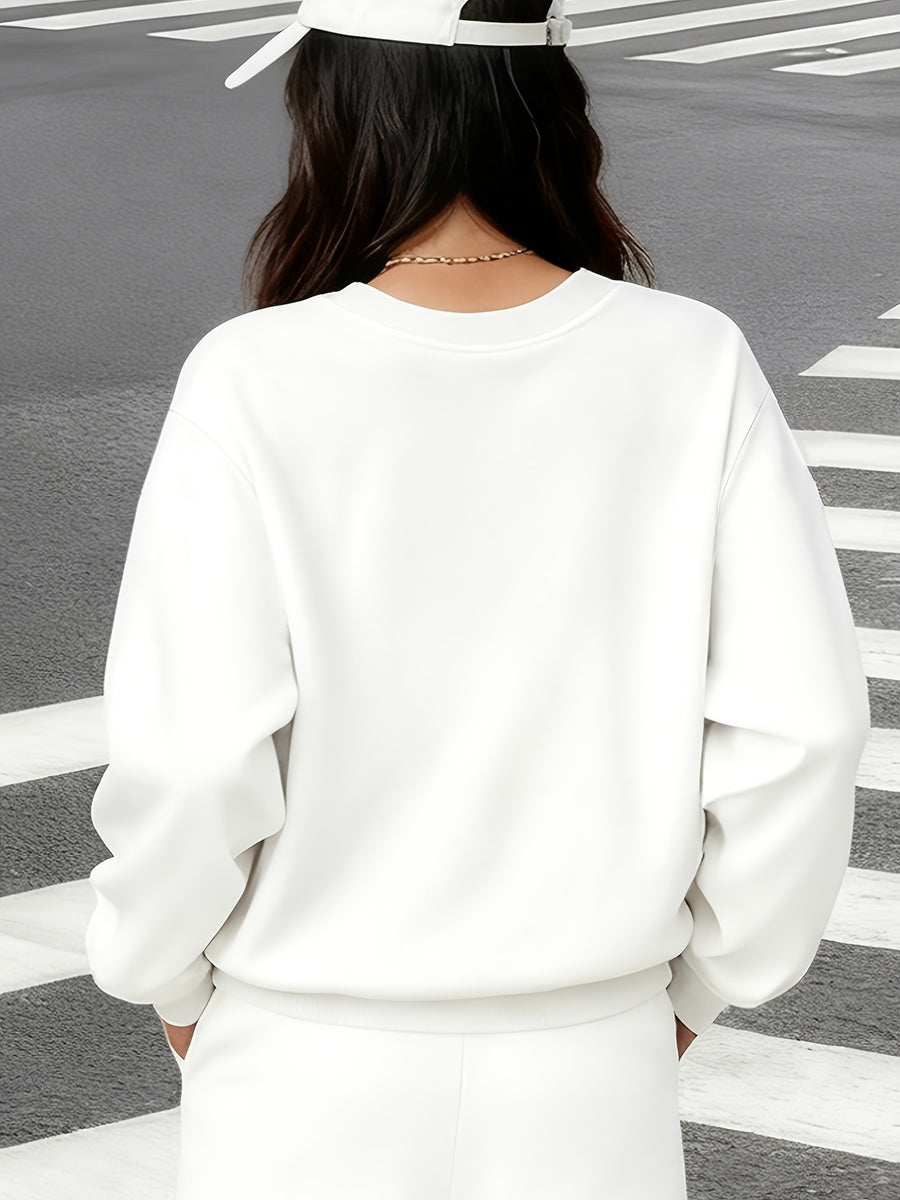 Fashion V-neck Long-sleeve Sweatshirt, Machine Washable, with Geometric Pattern, Image for Reference Only, Not a 2-in-1 Look - White