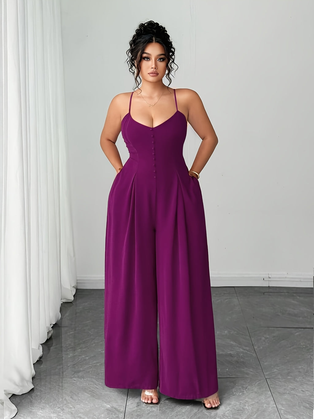 Women's New Summer Fashion Casual Solid Color Jumpsuit, Elegant and Dignified with Button Shoulder Straps, Pleated Waist, and Wide-Leg Design - Purple