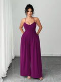 Women's New Summer Fashion Casual Solid Color Jumpsuit, Elegant and Dignified with Button Shoulder Straps, Pleated Waist, and Wide-Leg Design - Purple