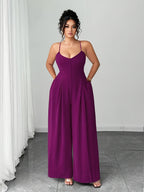 Women's New Summer Fashion Casual Solid Color Jumpsuit, Elegant and Dignified with Button Shoulder Straps, Pleated Waist, and Wide-Leg Design - Purple