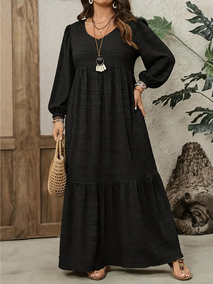 Plus Size, Plus Size Women's Solid Color Textured Long Sleeve Maxi Dress, V-Neck Puff Sleeve Waist-Cinching Layered Cake Dress, Loose Vacation Dress, Elegant Dress for Spring/Autumn/Winter - Black
