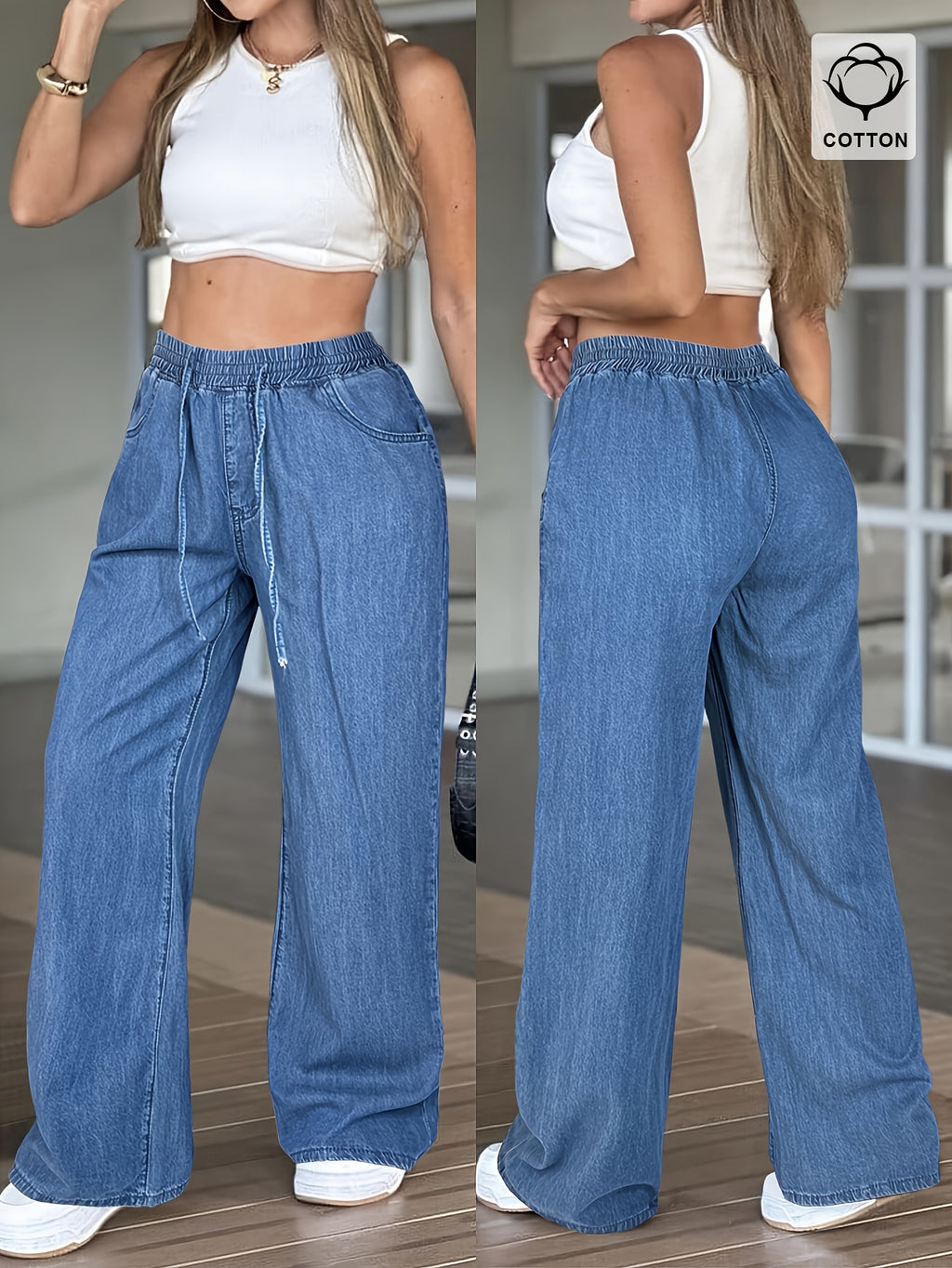 Women'S Fashion Thin Faux Denim Fabric Flowing Trousers, Versatile Loose Fit Casual Faux Jeans, Elastic Waist Drawstring Style, Casual Wear Women'S Faux Jeans And Appareldenim - Light Blue