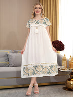 Heavy Industry Silvery Sequined Embroidered Arabic Women'S Dress, Elegant Dress for Summer And Autumn 2026, Jalabiya Golden Sequined White Ruffled Decoration Round Neck Hooded Sleeve Fashion Fresh Women'S Dress, Women'S Soft Wear - Off-white
