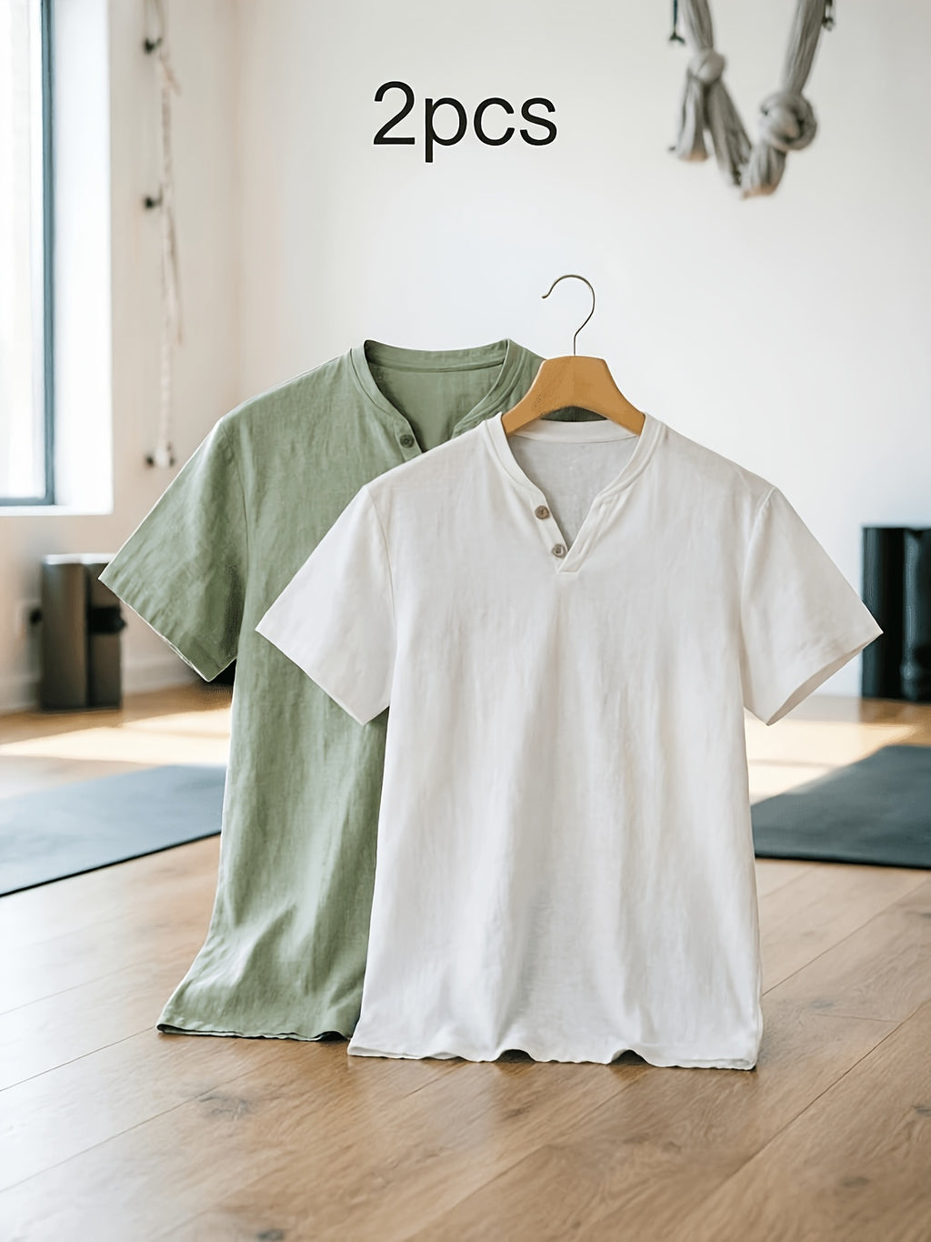 Men's Summer Linen T-Shirts 2pcs, Breathable Soft V-Neck Henley Short Sleeve Shirts, Loose Casual Beach Yoga Tops, Trendy Mens Casual Wear - White+Green