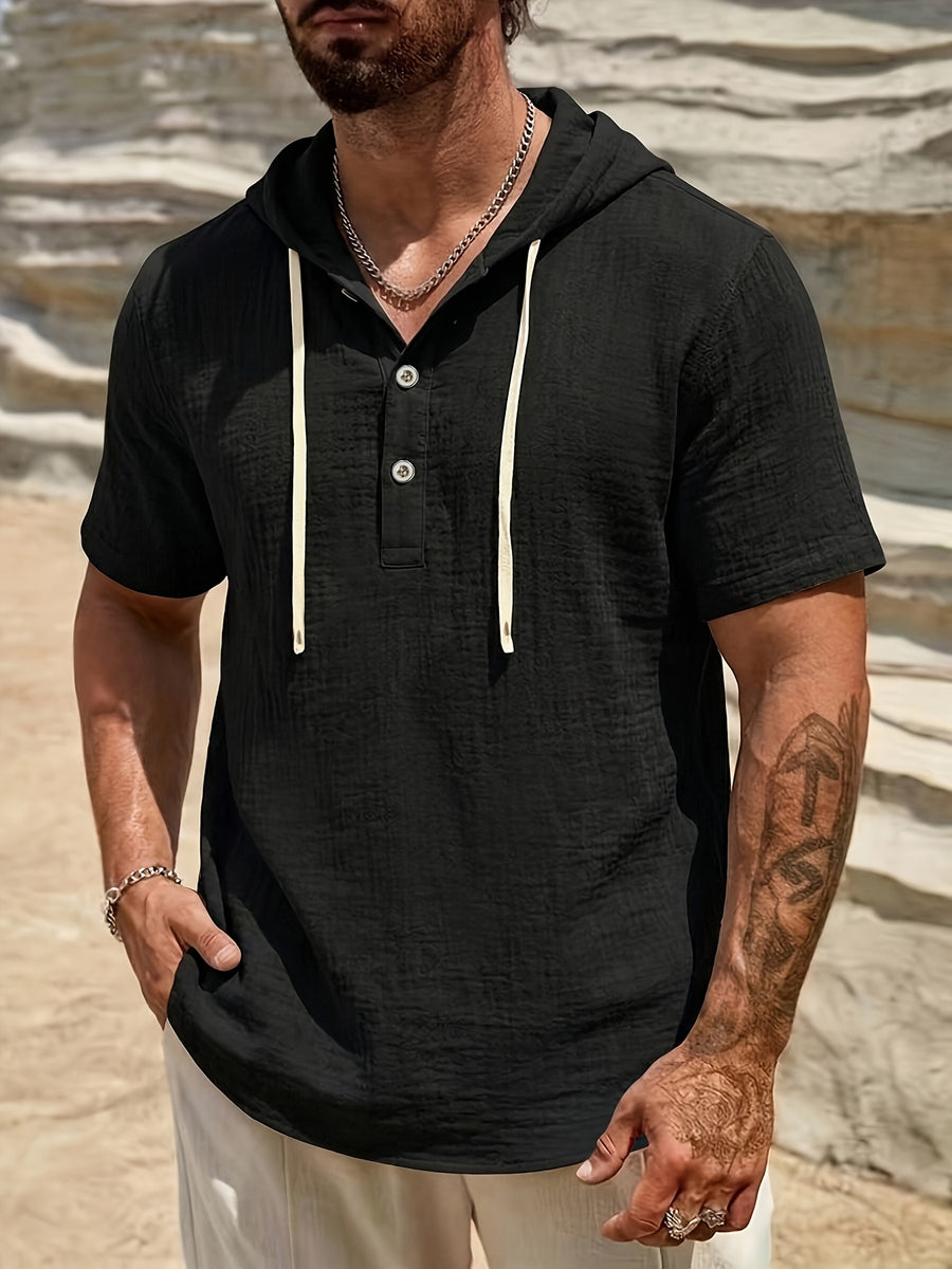 Summer New Arrival Men's Hooded Short Sleeve T-Shirt, Half Sleeve with Drawstring Design, Casual Top, Base Layer, Home and Outdoor Wear, Trendy Top, Vintage Simple Design Short Sleeve, Ideal Gift - Black