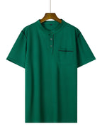2025 Summer New Arrival Men's Color-Block Striped Short-Sleeve Henley Shirt, Cool and Breathable - Dark Green