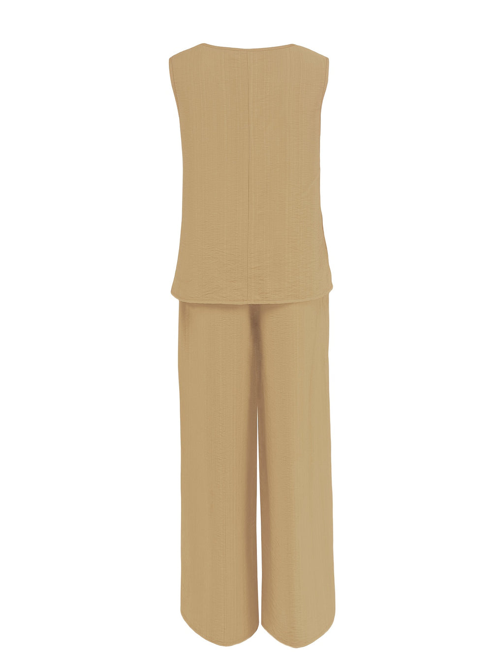 Women's Casual 2pcs Set Solid Color Loose Sleeveless V-Neck Tank Top + Wide-Leg Pants - Khaki