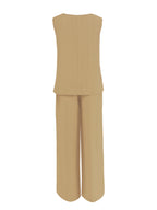 Women's Casual 2pcs Set Solid Color Loose Sleeveless V-Neck Tank Top + Wide-Leg Pants - Khaki