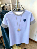 Striped Contrast Print Round Neck Short Sleeve T-Shirt, Women'S Easy Navy Small Heart Print Loose Casual Top - Light Blue