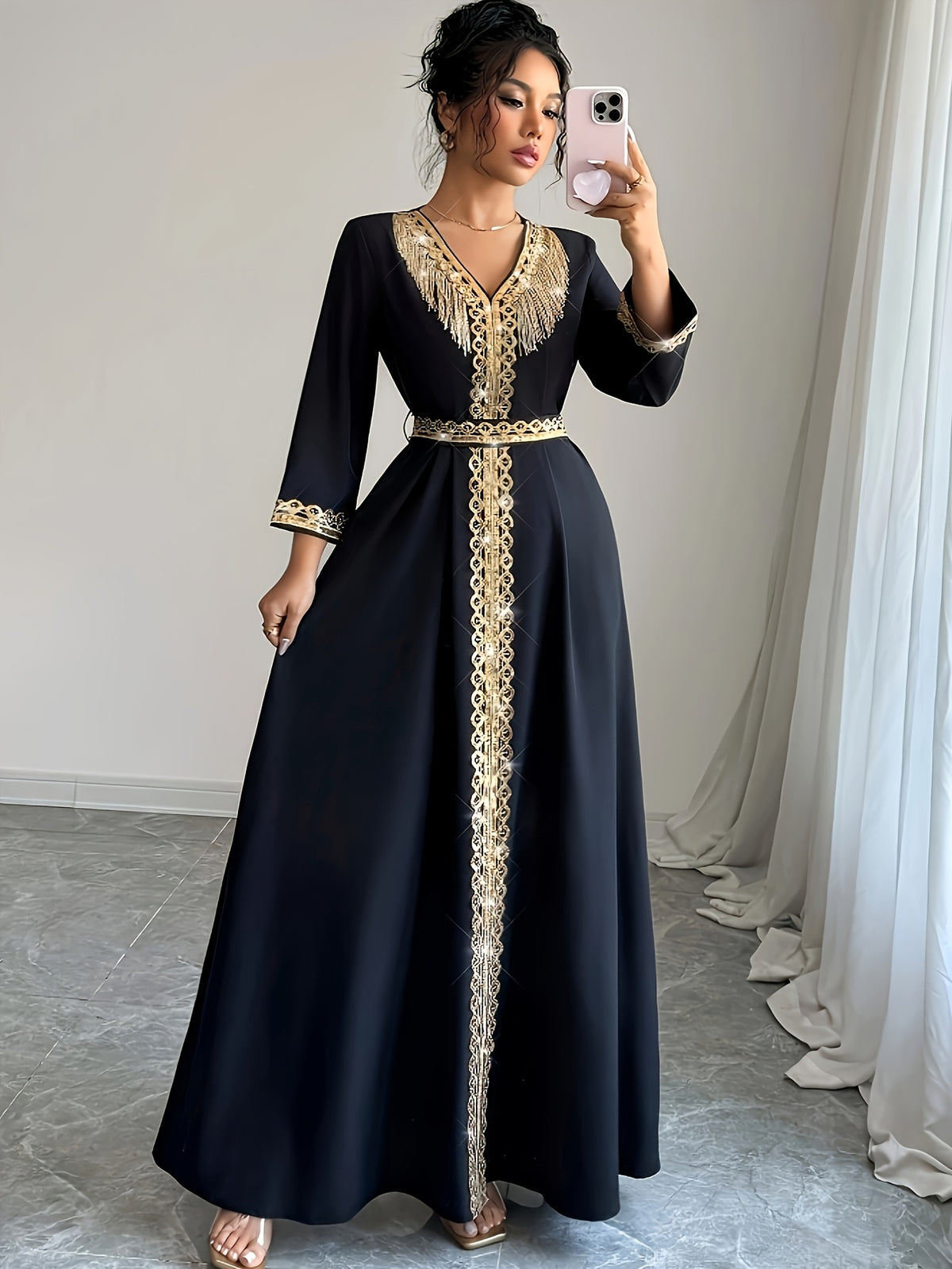 Retro Color Block Stitching V-Neck Dress - Black
