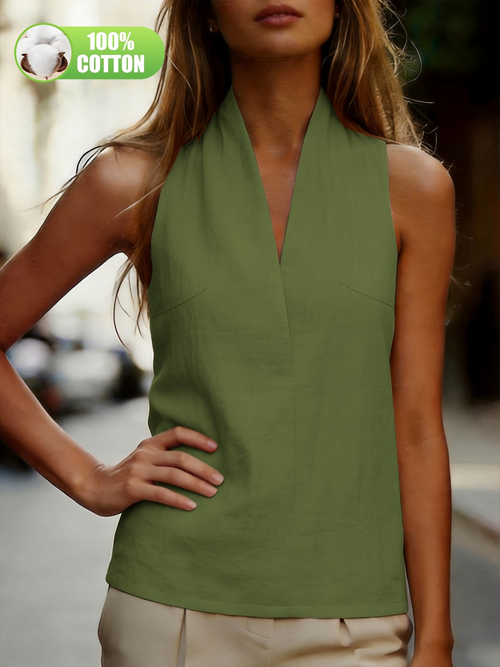 Summer Women'S New Fashion Premium Sense Professional Daily Commute Solid 100% Versatile Easy Halter Off-Shoulder V-Neck Tank Top Blouse ASD1 - Green