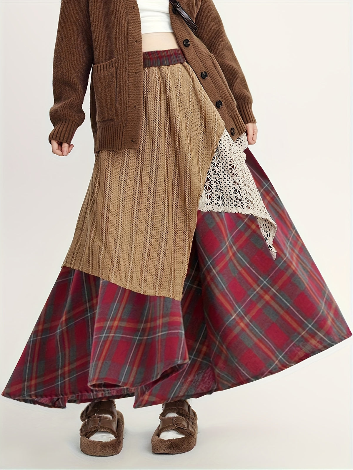 Autumn And Winter Midi Skirt in Ankhara Red, Featuring a Loose Elastic Waist, Flattering Long Design, And Irregular Color-Blocked A-Line Style - Brick Red