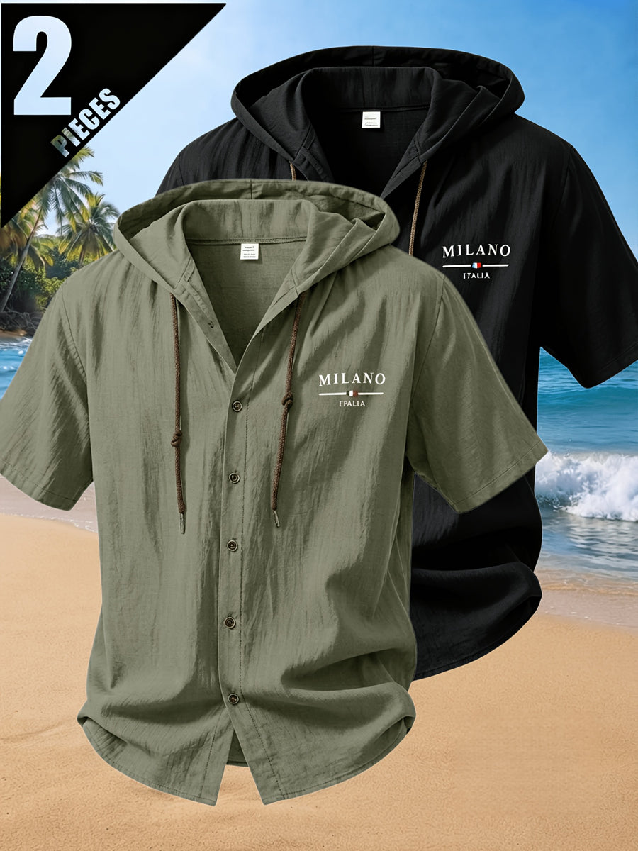 2pcs Men'S Summer Short Sleeve Shirt Set, Breathable And Skin-Friendly Linen Fabric, Trendy Hooded Style, Suitable for Beach Vacations, Beach Outings, And Casual Wear - Mixed Color 16