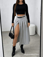 New Spring/Summer Women's High-Waist Pleated Skirt, Waist-Cinching Spicy Style, Versatile Midi Length, Beltless Design - Grey