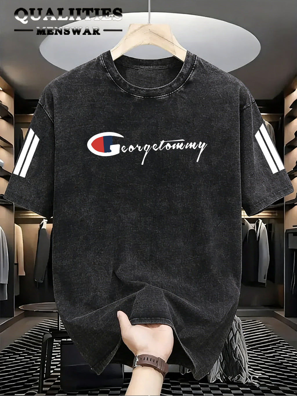 Men's Fashion Short-Sleeve Washed Distressed T-Shirt with "G" Letter Graphic Print, Suitable for Daily, Streetwear, Vintage, and Other Styling Approaches - Black