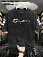 Men's Fashion Short-Sleeve Washed Distressed T-Shirt with "G" Letter Graphic Print, Suitable for Daily, Streetwear, Vintage, and Other Styling Approaches - Black