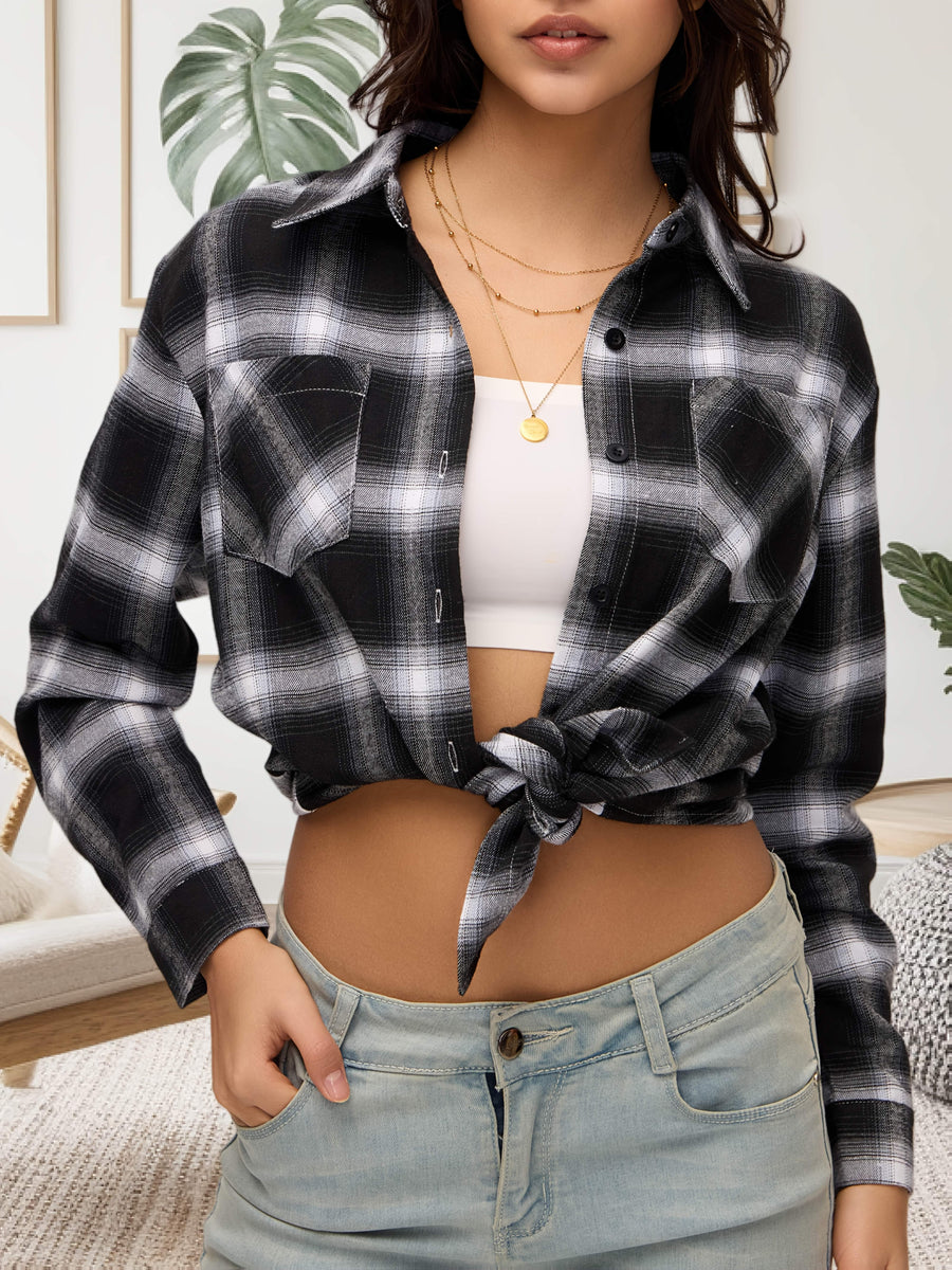 Women'S Long Sleeve Plaid Casual Shirt, Double Pocket, Suitable for Spring/Autumn Daily Outings, Vacation, Commuting, And Watching, Beautiful Women'S Shirt, Long Sleeve, Summer Top, Elegant Top, Casual Shirt, Plaid Shirt, Retro Style - Mixed colors