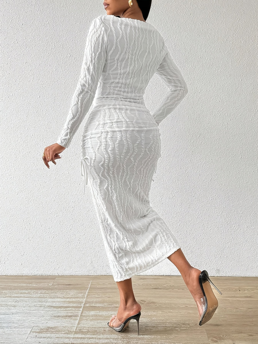 Women's Elegant Boat Neck Long Dress - Textured with Striped Pattern & Front Knot Detail, Bodycon Silhouette, Machine Washable, All-Season Formal Party Wear, Seasonal Fashion, Structured Fit - White