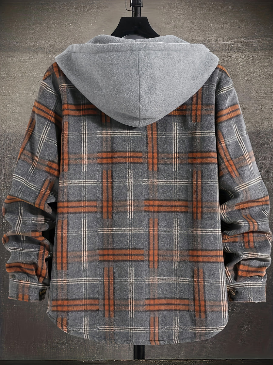 Christmas Men'S Gift Men'S Casual Plaid Hooded Contrast Color Patchwork Harajuku Style Fake Two-Piece Long Sleeve Jacket - Dark Gray