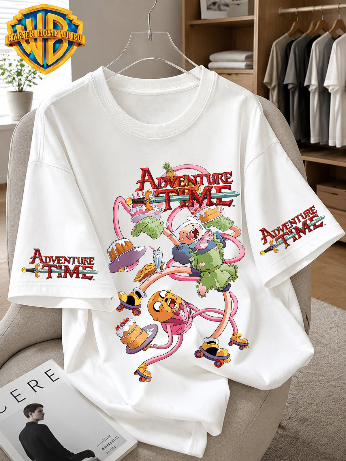 Warner Bros. Officially Licensed Adventure Time Vintage Cartoon Print Men's 100% Cotton T-Shirt, American Retro Casual Short Sleeve, Soft and Breathable, Suitable for Daily Use, Fitness, and Outdoor Activities in Summer - White