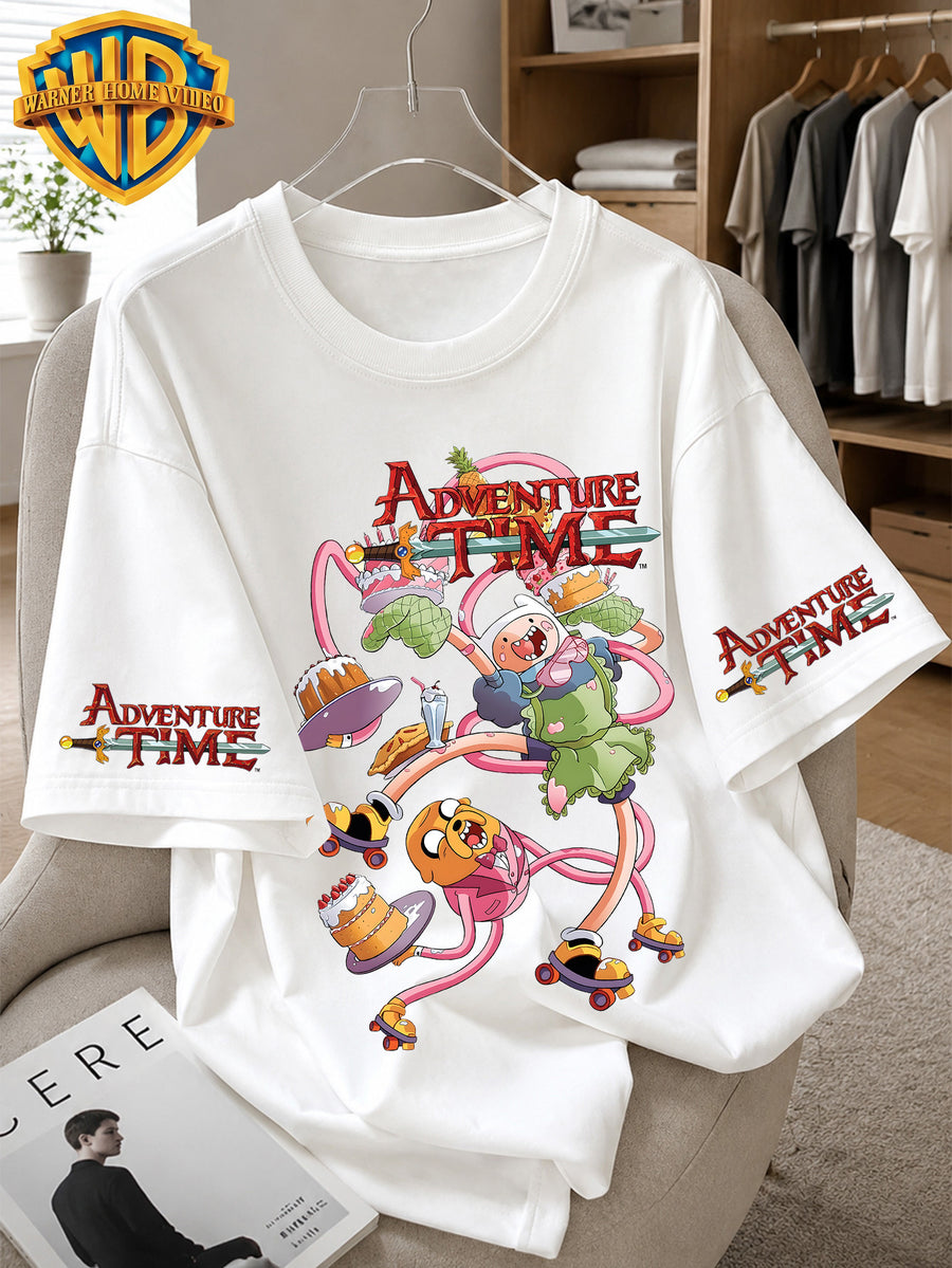 Warner Bros. Officially Licensed Adventure Time Vintage Cartoon Print Men's 100% Cotton T-Shirt, American Retro Casual Short Sleeve, Soft and Breathable, Suitable for Daily Use, Fitness, and Outdoor Activities in Summer - White