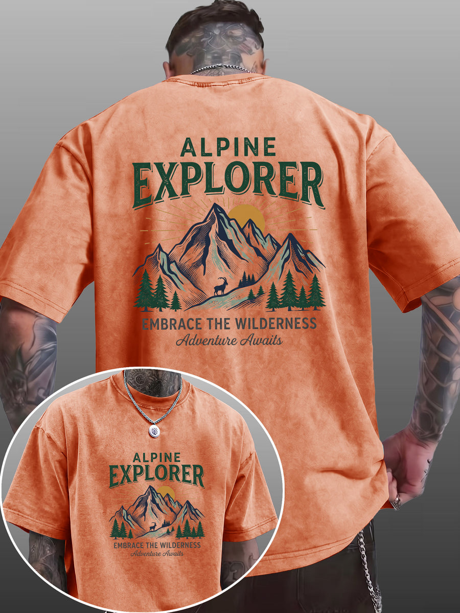 Short Sleeve T-Shirt Men'S Pure Loose Washed Distressed Top Mountain Adventure Forest Sunset Pattern Trendy Reversible Double-Sided Print Multicolor Casual American Street High Street Hip-Hop Style Daily Outing Commute Fitness Couple Style Y2K Natio - Orange