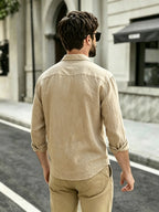 The Preferred Gift for Back to School Season Is Men's Casual Shirts. Spring and Autumn Long Sleeved Shirts Are Trendy, Loose, Solid Color, Breathable and Versatile Tops, Making Them the Perfect Holiday Gift - Khaki