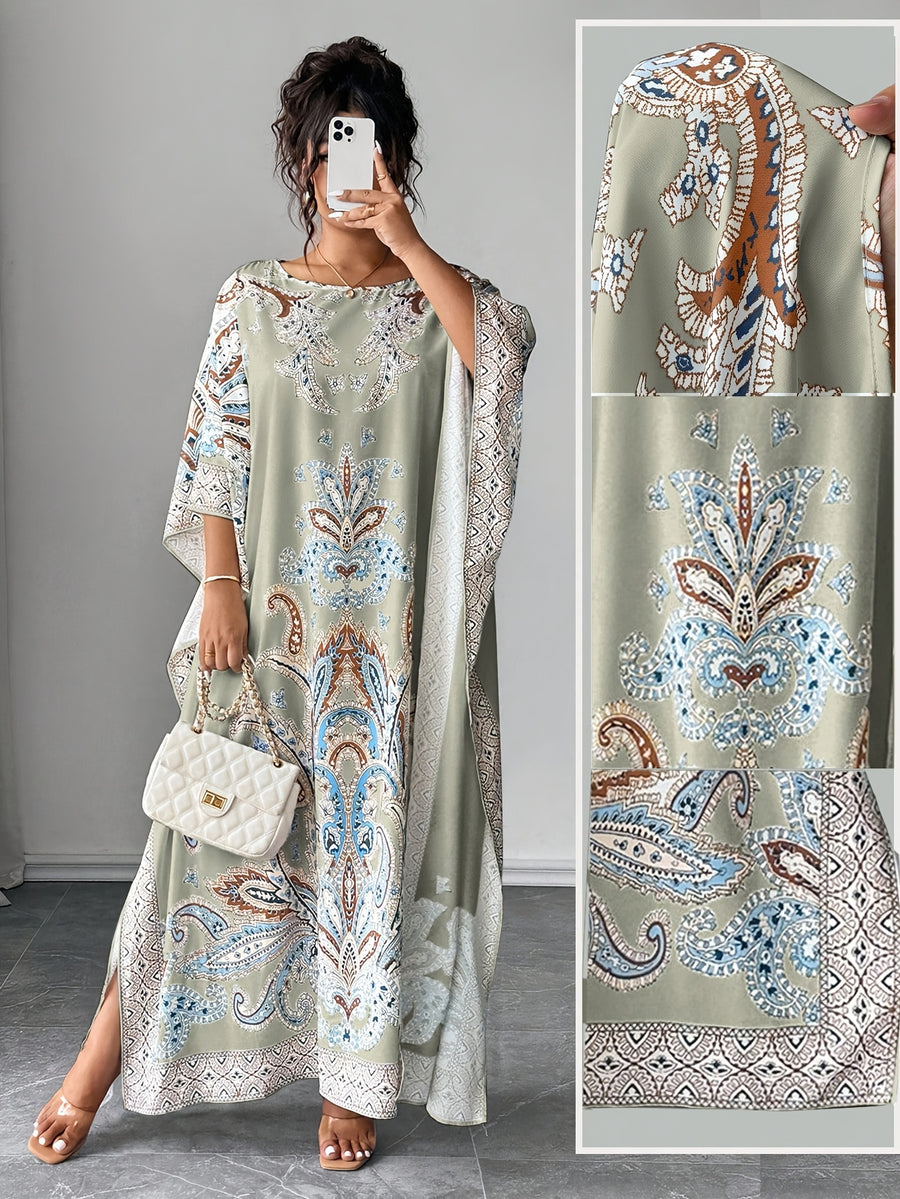 Plus Size - Plus Size - Plus Size Women'S Loose-Fitting Batwing Sleeve Printed Round Neck Dress - Matcha Color